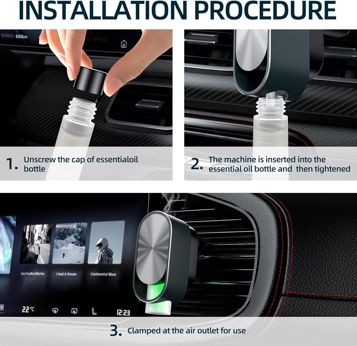 Smart Car Air Freshener Diffuser - Rechargeable Car Diffuser with 3 Modes, Ultrasonic Aroma Diffuser with 4 Essential Oils, Long-Lasting Freshener for Women and Men